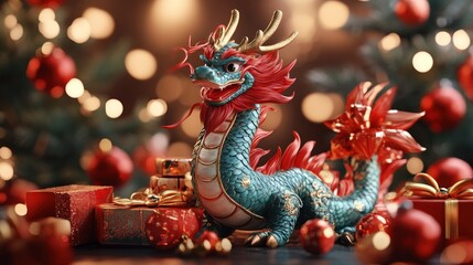 Obraz premium A green and red Chinese dragon figurine with gold accents stands in front of a Christmas tree with lights and red ornaments.