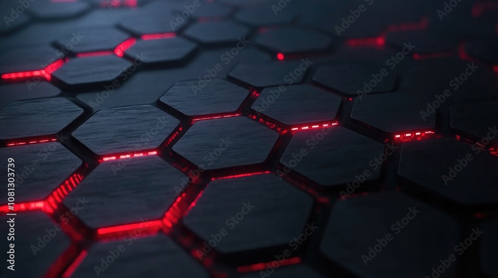 Poster abstract dark hexagonal pattern background with glowing red lines, modern technology design concept 