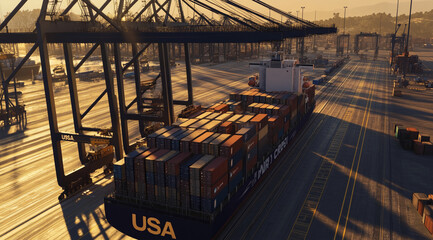 Naklejka premium A large cargo ship with a USA label is docked at a port in the golden hour, as the sun casts long shadows on the dock. The ship is fully loaded with shipping containers
