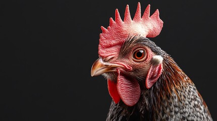 Close-up of a rooster’s face, highlighting its proud comb and feathers.