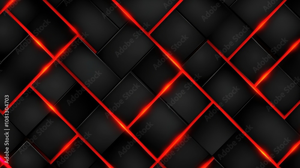 Poster abstract geometric background with glowing red lines and black tiles, creating a modern and dynamic 