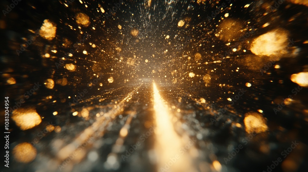 Poster abstract representation of glowing particles and shimmering lights creating a mesmerizing path throu