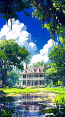 Obraz premium A white, two-story house with a porch, surrounded by lush trees and a pond in the front yard.