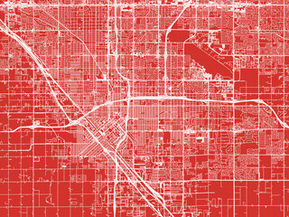 Christmas Map of Fresno California, USA in Snowy White on Festive Red Background.