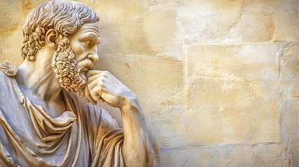 Fototapeta premium A marble bust of Socrates, the ancient Greek philosopher, with a thoughtful expression against a stone wall.