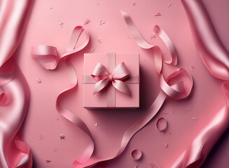 A pink gift box with a satin bow sits on a pink surface surrounded by pink ribbons and confetti.