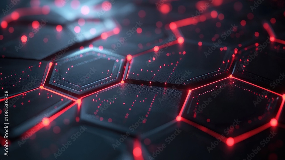 Poster futuristic abstract background featuring illuminated hexagonal patterns with red glowing lights over