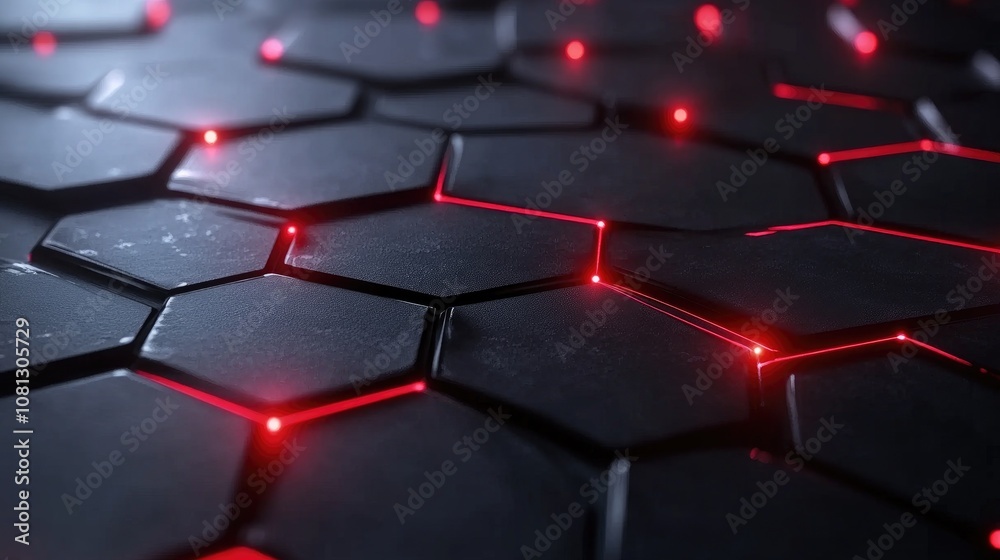 Poster futuristic hexagonal pattern with glowing red lines on a dark surface creating a high-tech and moder