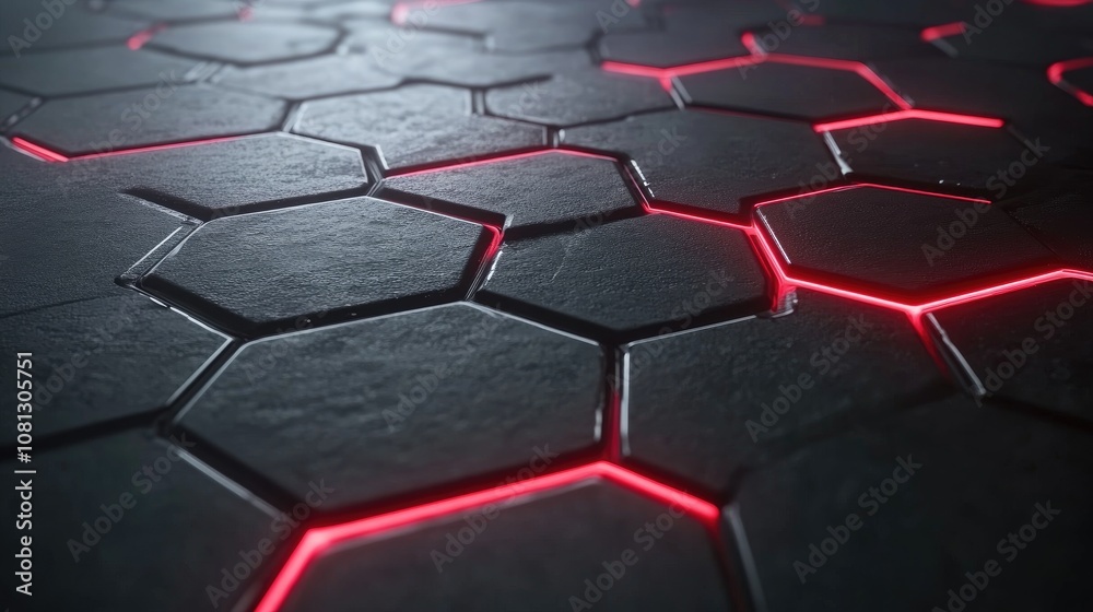 Poster abstract background featuring dark hexagonal tiles with illuminated neon red lines creating a futuri