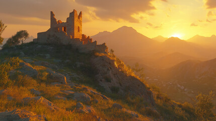 Ruined castle on a hilltop at sunset, with mountains in the background