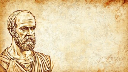 Fototapeta premium A bust of Socrates, the ancient Greek philosopher, with a pensive expression and copy space to the right.