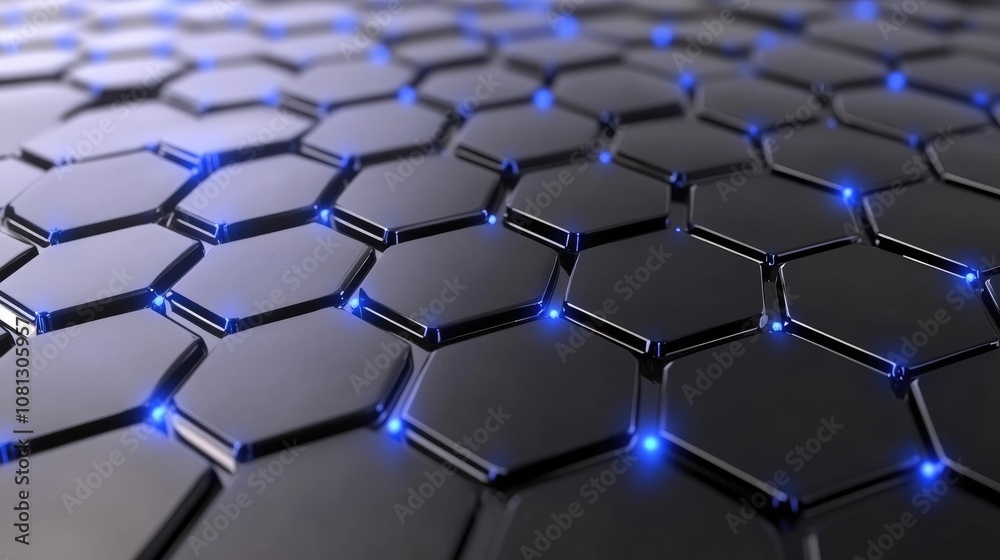 Poster abstract black hexagonal pattern with glowing blue lights, creating a modern and sleek design suitab