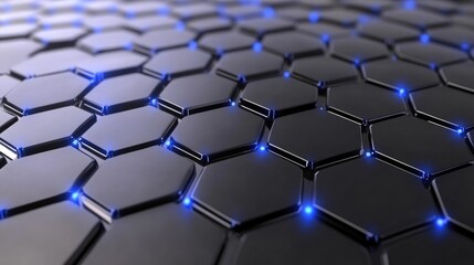Naklejka premium Abstract black hexagonal pattern with glowing blue lights, creating a modern and sleek design suitable for technology, innovation, and digital themes in visual projects