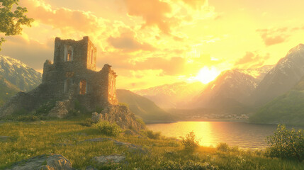 Obraz premium A crumbling castle stands atop a hill overlooking a lake at sunset