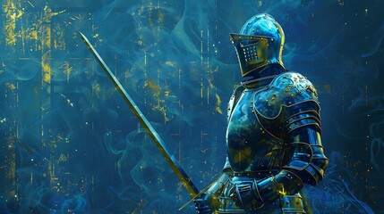 Fototapeta premium A knight in shining armor stands ready with a sword against a mystical blue background.