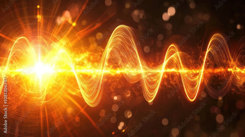 Poster glowing waves of light creating a dynamic energy pattern with bright flare effects against a dark ba