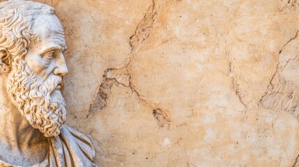 A close-up of a marble sculpture of Plato, the ancient Greek philosopher, set against a textured beige wall with ample copy space.