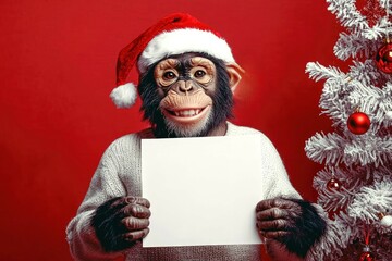 Naklejka premium Christmas chimp in Santa hat with blank sign on red background, ideal for festive ads and holiday promotions.