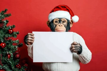Naklejka premium Festive chimpanzee in cozy sweater and Santa hat with blank sign on red background, ideal for Christmas-themed marketing.
