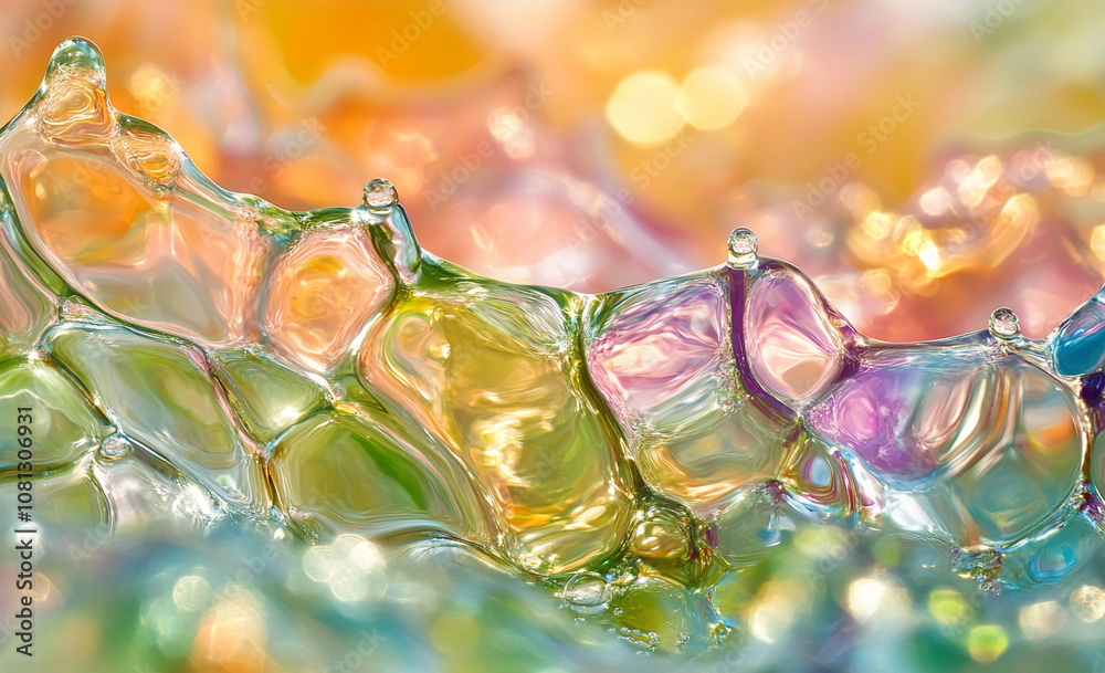 Poster a close-up image of water droplets, illuminated by the sun, forming a colorful abstract pattern