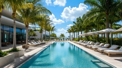 Luxury beachfront resort swimming pool with palm trees, lounge chairs and oceanfront view under bright Caribbean sky with clouds, copy space