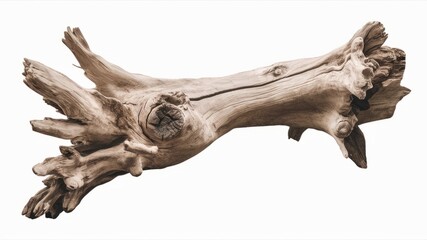 Fototapeta premium Driftwood Branch: A weathered, gnarled driftwood branch, its surface etched with the passage of time, evokes a sense of natural beauty and resilience. 