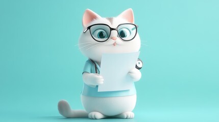 Obraz premium A cartoon cat in glasses reading a document.