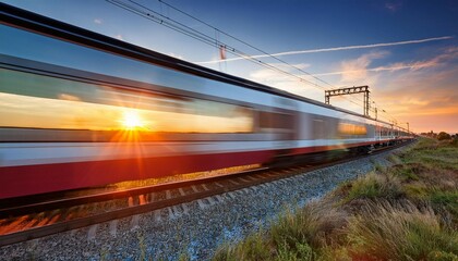 Obraz premium a high speed train speeds through a dynamic landscape as the sun sets creating a striking blur of colors on the horizon and in the surroundings