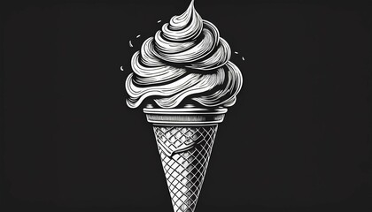 a graceful line drawing captures an ice cream cone topped with soft serve all in black and white the artwork emphasizes simplicity and elegance