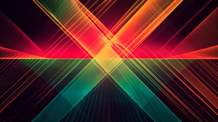 Fototapeta premium Abstract background with intersecting lines in red, green, and orange on a black background.