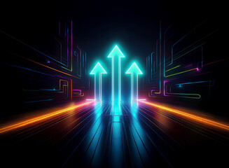 Fototapeta premium Three neon blue arrows point upward in a dark, futuristic, neon-lit environment.