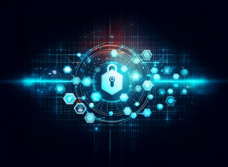 Obraz premium A glowing blue padlock icon in the center of a circular interface with digital patterns on a dark background.