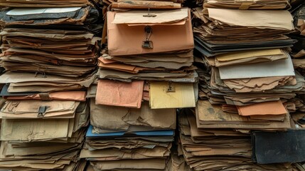 A large stack of old, worn papers. The photo depicts a pile of forgotten documents, symbolizing the weight of the past and the passage of time.