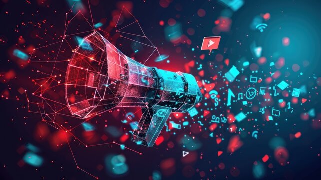 A futuristic megaphone made of connected lines and dots with social media icons emerging from it against a dark blue background with bokeh lights.