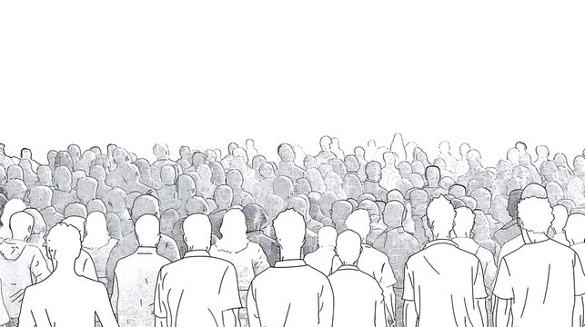 A crowd of people depicted in a sketchy, monochromatic style, emphasizing unity and collective presence.