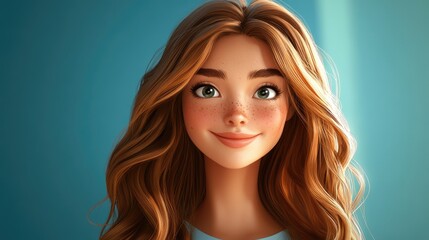 Naklejka premium Portrait of a beautiful young woman with long wavy hair smiling warmly perfect for personal branding or social media profiles