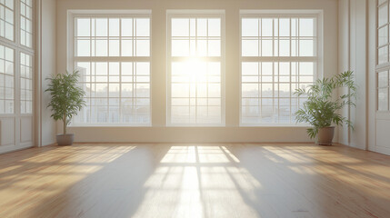 Fototapeta premium A bright, sunlit room with large windows, light-colored walls, and wooden floors