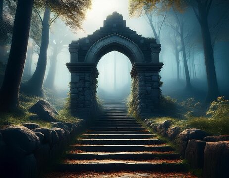 old stone arch and stairs leading to foggy forest mysterious landscape ancient architecture
