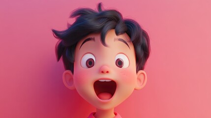 Fototapeta premium Portrait of an Asian boy with an open mouth expressing joy vibrant colors on a pink background
