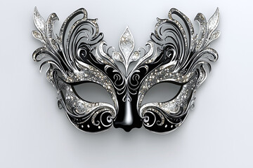 Flat vector illustration of dramatic black and silver carnival mask with intricate details.