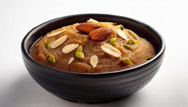 suji halwa displayed in a black bowl against a white backdrop