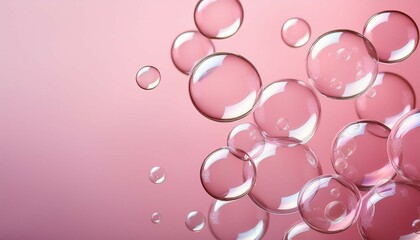 transparent soap bubbles floating on a pastel pink background