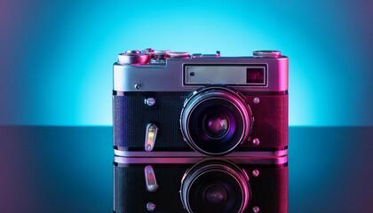 vintage analog camera reflecting on glass with neon background