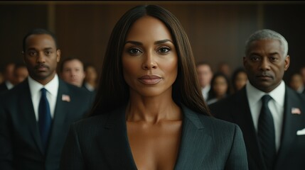 A strong leader stands at the forefront of a gathering, conveying confidence and determination while supporters in formal suits look on attentively during an important political occasion