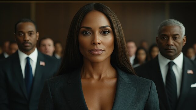 A strong leader stands at the forefront of a gathering, conveying confidence and determination while supporters in formal suits look on attentively during an important political occasion