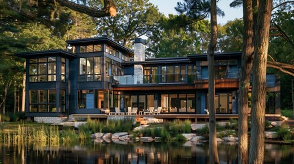 A modern house by a serene lake, surrounded by trees, featuring large windows and a spacious deck.