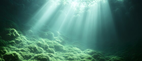 Fototapeta premium Serene underwater scene with light rays illuminating green algae.