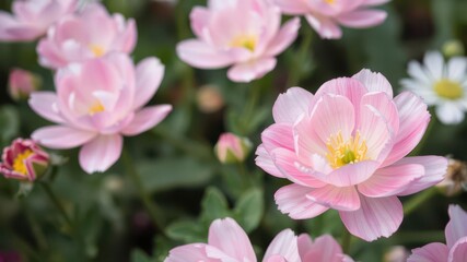 Fototapeta premium Close-up of delicate pink and white ranunculus flowers blooming in a garden, bloom, delicate, garden