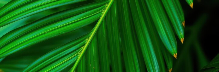 Close up of a vibrant green palm leaf texture, showcasing intricate veins and patterns, close up, botany, detail