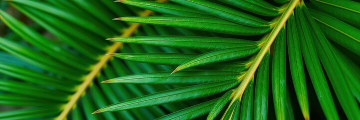 Close up of natural tropical palm leaf texture, showing intricate veins and vibrant green color, vibrant, tropical, macro
